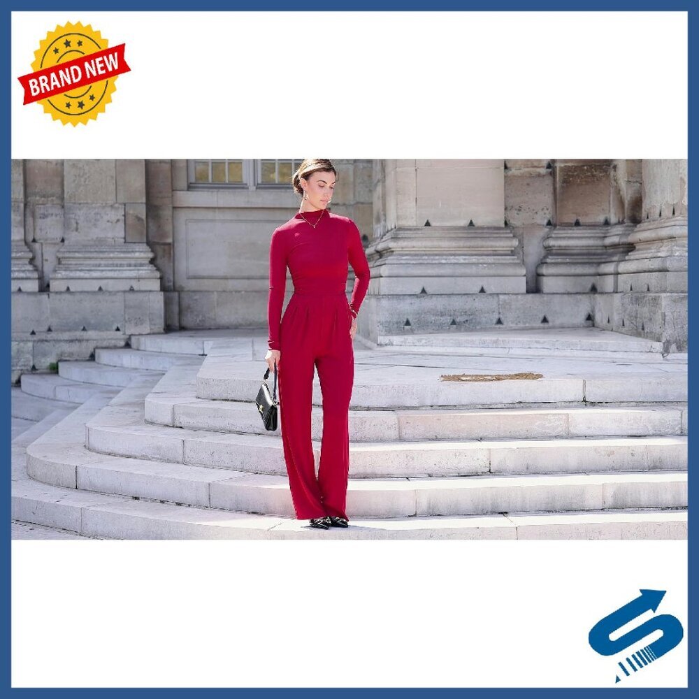 Long Sleeve Mock Neck Jumpsuit Wide Leg Pockets Fall Fashion - Picture 8 of 8